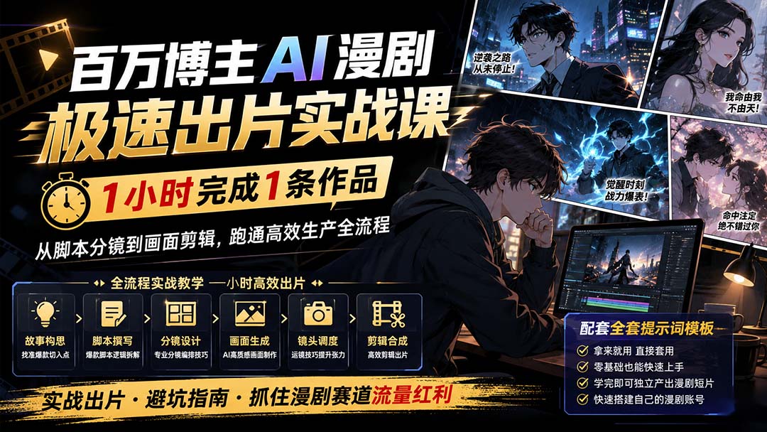 百万博主AI漫剧极速出片实战课:1小时产出条作品,从脚本分镜到画面剪辑,跑通高效生产全流程-优优云创网