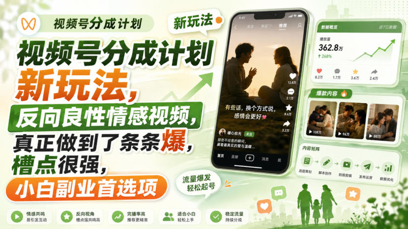 视频号分成计划新玩法,反向良性情感视频,真正做到了条条爆,槽点很强,小白副业首选项-优优云创网