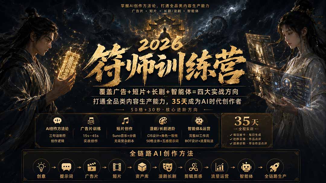 符师训练营-35天成为AI时代创作者，广告+短片+漫剧+智能体四大实战方向，掌握从创意到上线的完整工作流-优优云创网