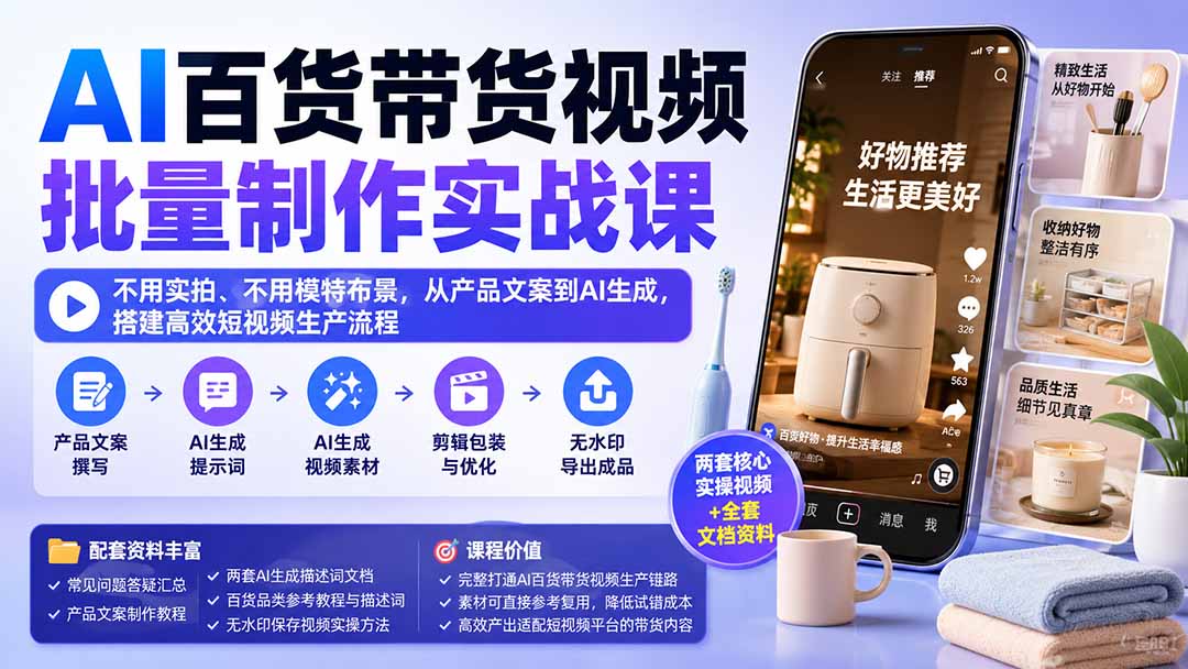 AI百货带货视频批量制作实战课：不用实拍、不用模特布景，从产品文案到AI生成，搭建高效短视频生产流程-优优云创网