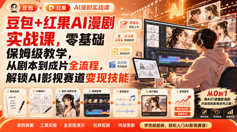 豆包+红果AI漫剧实战课，零基础保姆级教学，从剧本到成片全流程，解锁AI影视赛道变现技能-优优云创网
