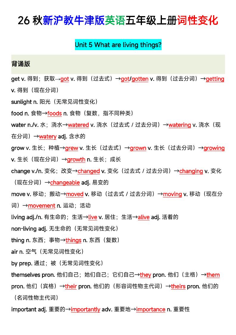 26秋沪教牛津版英语五年级上册U5-U8单词词性变化-优优云创网