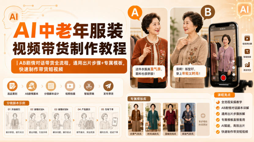 AI中老年服装视频带货制作教程｜AB剧情对话带货全流程，通用出片步骤+专属模板，快速制作带货短视频-优优云创网