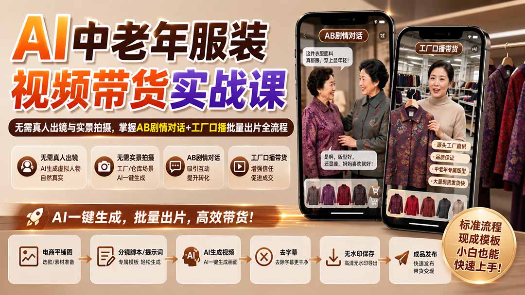 AI中老年服装视频带货实战课：无需真人出镜与实景拍摄，掌握AB剧情对话+工厂口播批量出片全流程-优优云创网