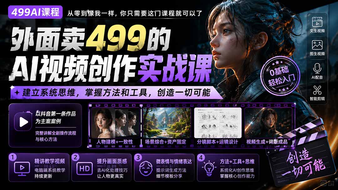 外面卖499的AI视频创作实战课：建立系统思维，掌握方法和工具，创造一切可能。-优优云创网