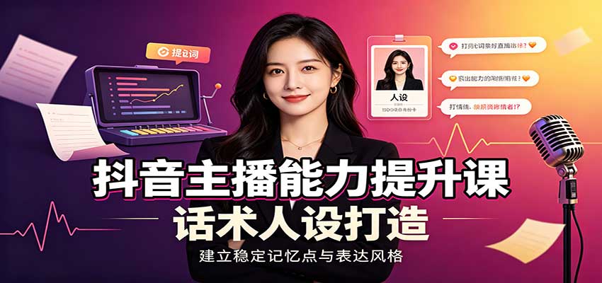 抖音主播能力提升课：账号底层逻辑，直播间搭建调试，话术人设打造全套教学-优优云创网