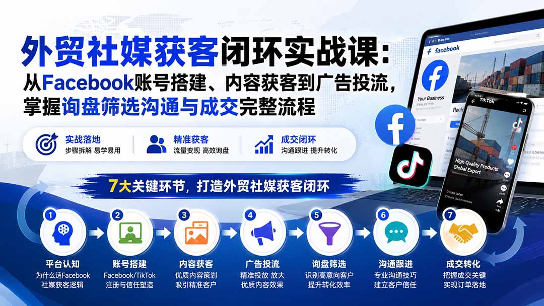外贸社媒获客闭环实战课:从Facebook账号搭建、内容获客到广告投流,掌握询盘筛选沟通与成交完整流程-优优云创网