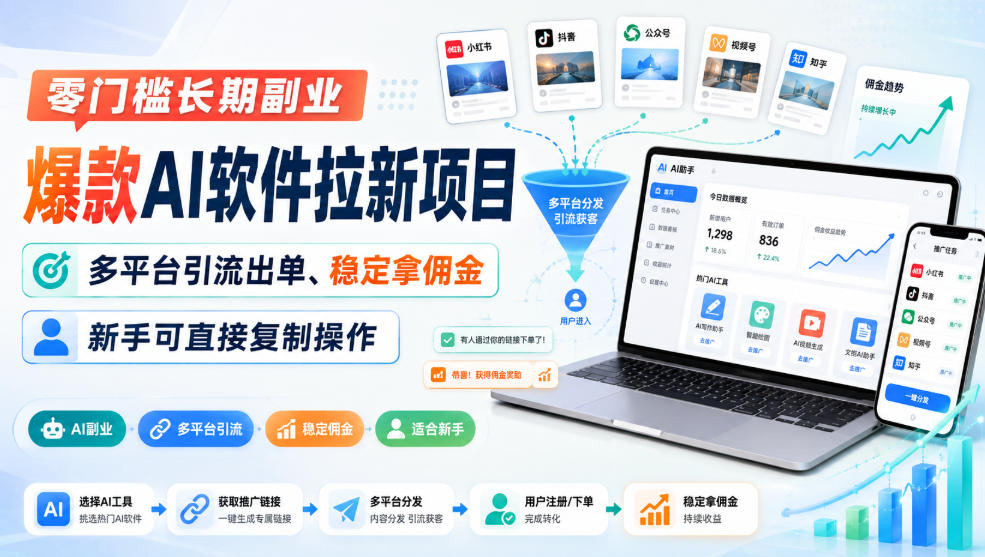 20260903001807586-2b772d9180f1de67bf771546e53f56ac 零门槛长期副业,爆款AI软件拉新项目,多平台引流出单、稳定拿佣金,新手可直接复制操作