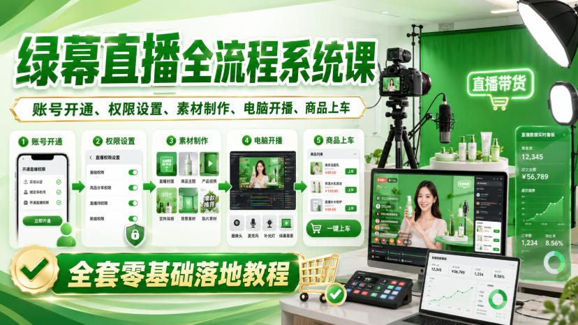 绿幕直播全流程系统课，账号开通、权限设置、素材制作、电脑开播、商品上车全套零基础落地教程-优优云创网