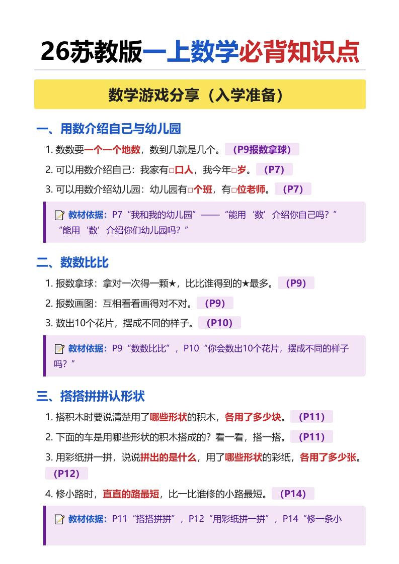 26苏教版一上数学必背知识点(全册)-优优云创网