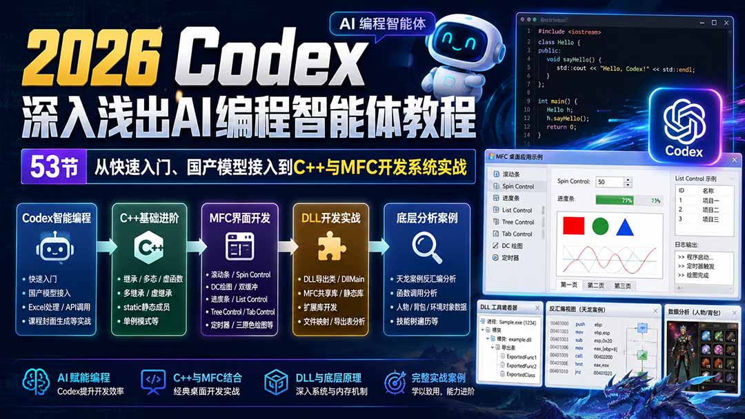 2026 Codex深入浅出AI编程智能体教程：53节从快速入门、国产模型接入到C++与MFC开发系统实战-优优云创网