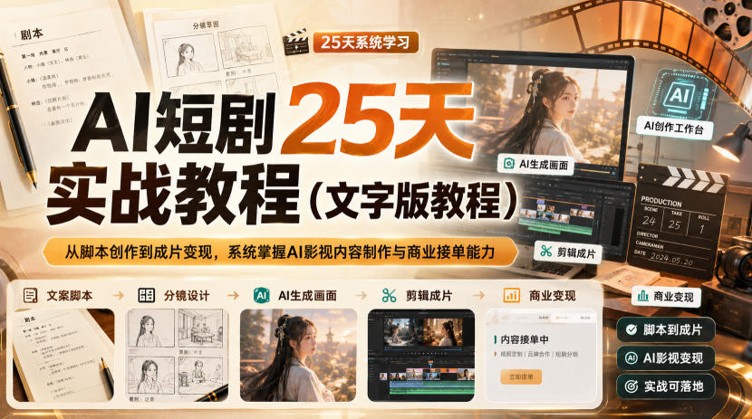 AI短剧25天实战教程(文字版教程)，从脚本创作到成片变现，系统掌握AI影视内容制作与商业接单能力-优优云创网