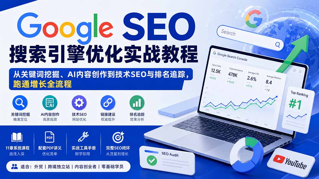 Google SEO搜索引擎优化实战教程:从关键词挖掘、AI内容创作到技术SEO与排名追踪,跑通增长全流程-优优云创网