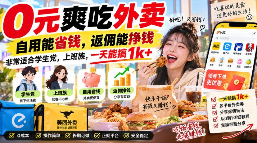 0元爽吃外卖，自用能省钱，返佣能挣钱，非常适合学生党，上班族，一天能搞1k+-优优云创网