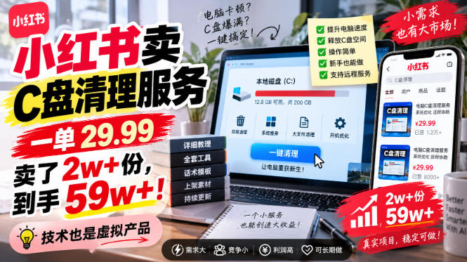 小红书卖C盘清理服务,一单29.99,卖了2w+份,技术也是虚拟产品-优优云创网