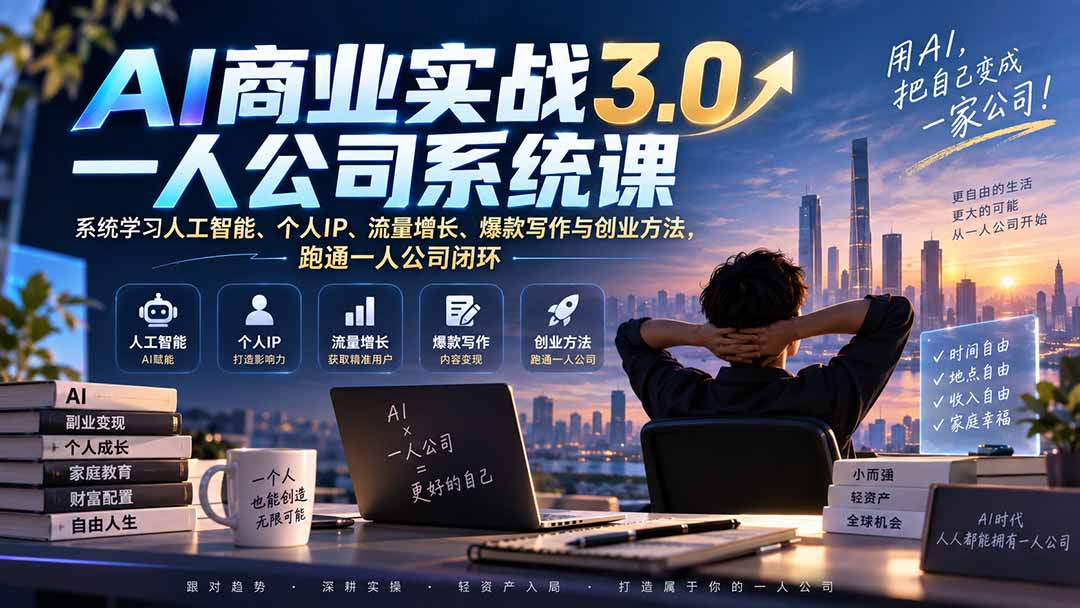 AI商业实战3.0一人公司系统课:系统学习人工智能、个人IP、流量增长、爆款写作与创业方法,跑通一人公司闭环-优优云创网