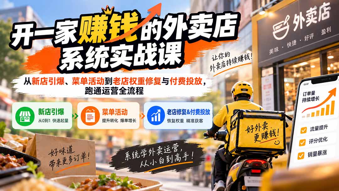 开一家赚钱的外卖店系统实战课：从新店引爆、菜单活动到老店权重修复与付费投放，跑通运营全流程-优优云创网