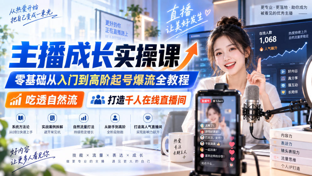 主播成长实操课|零基础从入门到高阶起号爆流全教程,吃透自然流,打造千人在线直播间-优优云创网