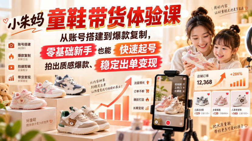 20260905181836985-6957a3f34d3589d5436ca8939e3f98c5 小朱妈童鞋带货体验课,从账号搭建到爆款复制,零基础新手也能快速起号、拍出质感爆款、稳定出单变现