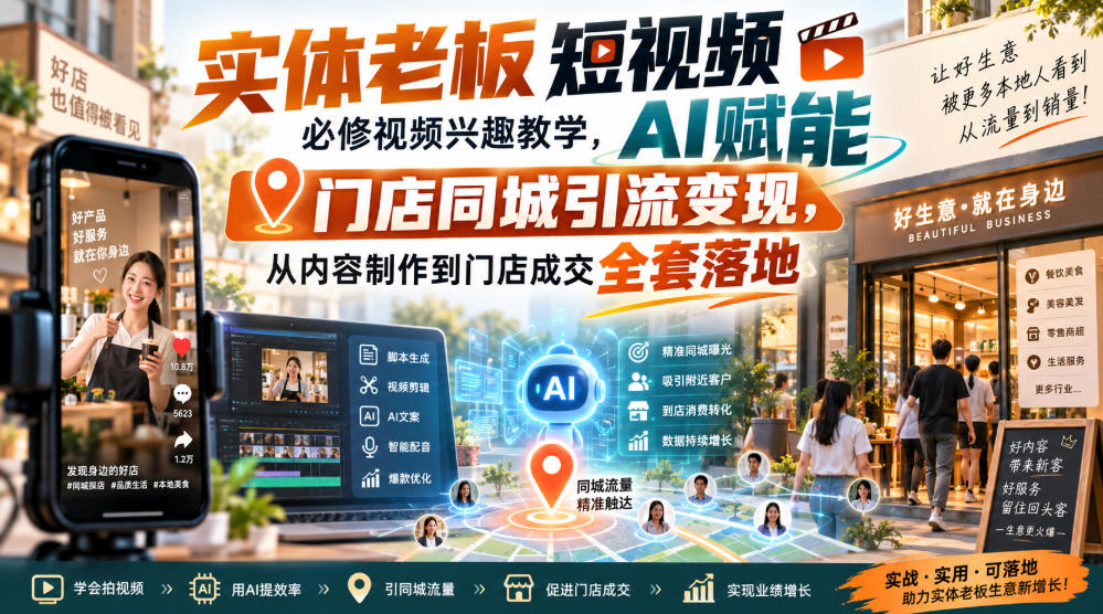 实体老板短视频必修视频兴趣教学,AI赋能门店同城引流变现,AI+短视频+直播打爆实体客流量-优优云创网