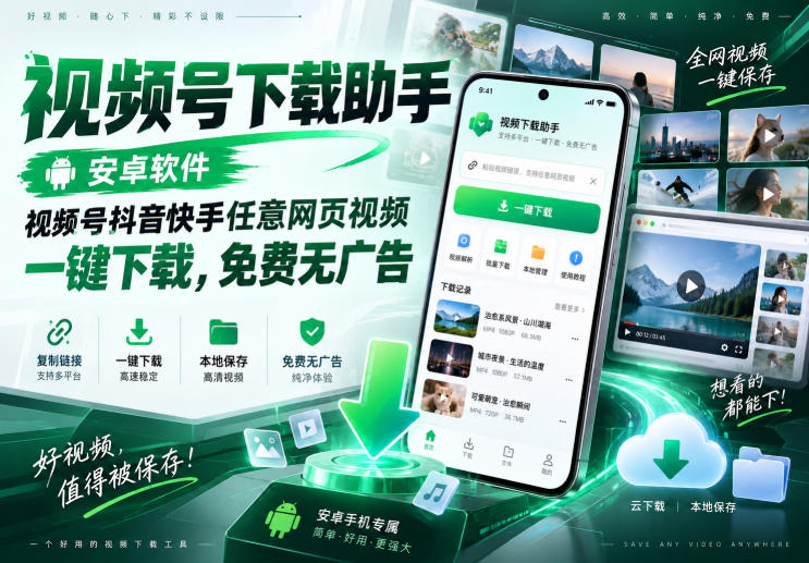 视频号下载助手，安卓软件，视频号抖音快手任意网页视频，一键下载，免费无广告-优优云创网