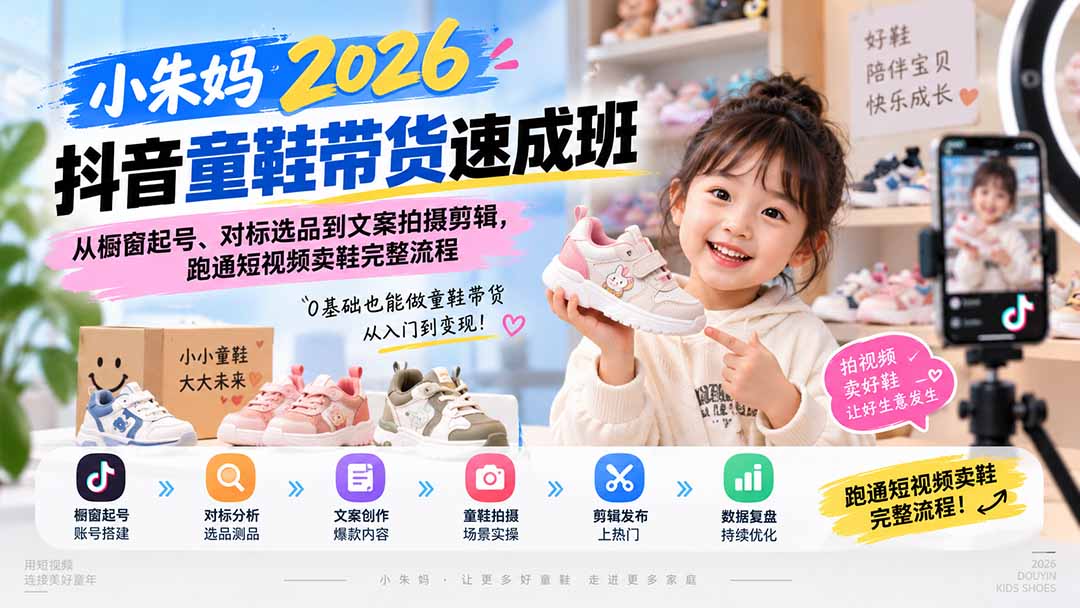 小朱妈2026抖音童鞋带货速成班:从橱窗起号、对标选品到文案拍摄剪辑,跑通短视频卖鞋完整流程-优优云创网