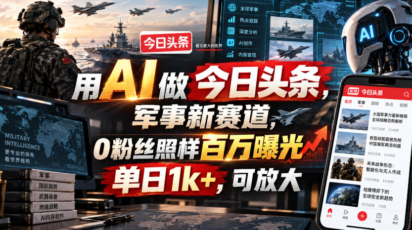 用AI做今日头条,军事新赛道,0粉丝照样百万曝光,单日1k+,可放大-优优云创网