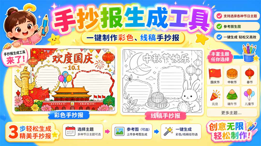手抄报批量生成工具来了,完全免费,告别豆包生图,这个高清无水印-优优云创网