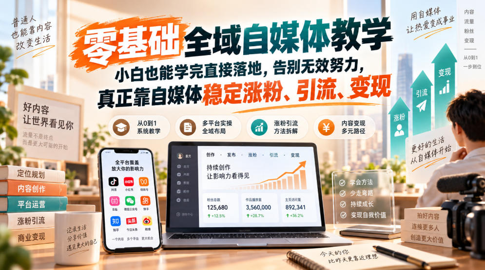 零基础全域自媒体教学，小白也能学完直接落地，告别无效努力，真正靠自媒体稳定涨粉、引流、变现-优优云创网