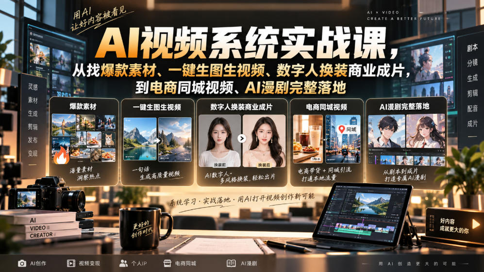 AI视频系统实战课,从找爆款素材、一键生图生视频、数字人换装商业成片,到电商同城视频、AI漫剧完整落地-优优云创网