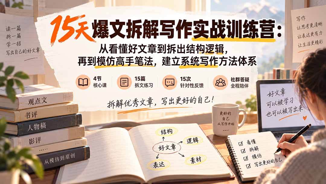 15天爆文拆解写作实战训练营:从看懂好文章到拆出结构逻辑,再到模仿高手笔法,建立系统写作方法体系-优优云创网