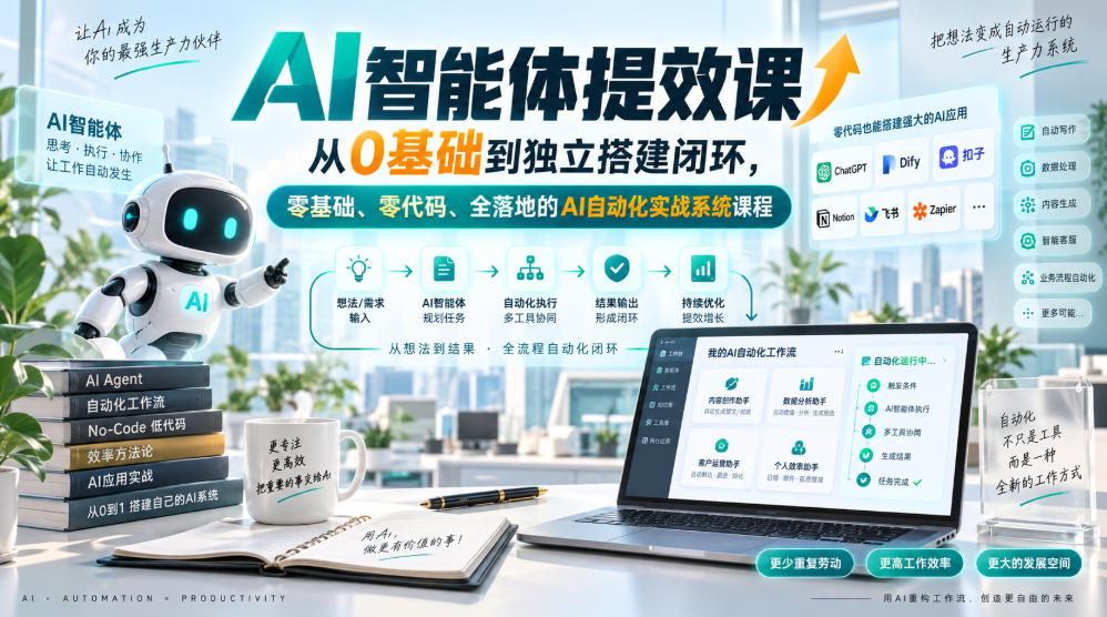 20260905183639788-5967e48e18283c8bc909a301277cd7ad AI智能体提效课,从0基础到独立搭建闭环,零基础、零代码、全落地的AI自动化实战系统课程