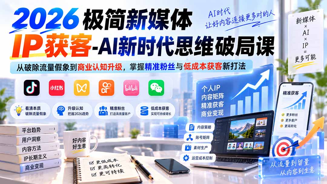 2026极简新媒体IP获客-AI新时代思维破局课：从破除流量假象到商业认知升级，掌握精准粉丝与低成本获客新打法-优优云创网