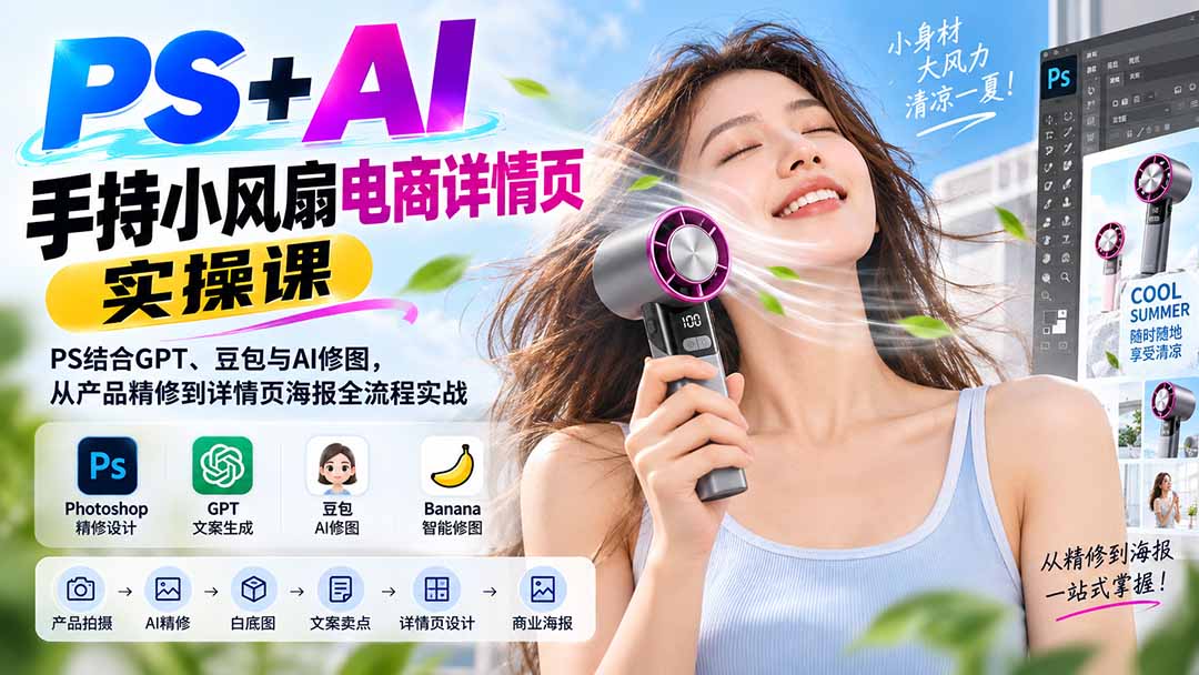 PS+AI手持小风扇电商详情页实操课:PS结合GPT、豆包与AI修图,从产品精修到详情页海报全流程实战-优优云创网