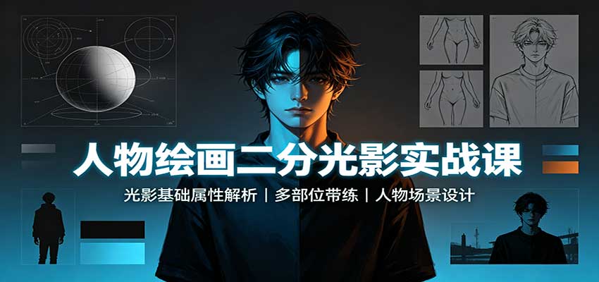 人物绘画二分光影实战课：光影基础属性解析，多部位带练，人物场景设计-优优云创网