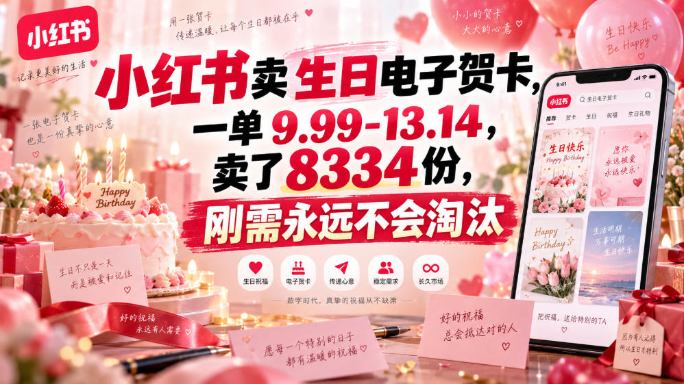 小红书卖生日电子贺卡,一单9.99-13.14,卖了8334份,刚需永远不会淘汰-优优云创网