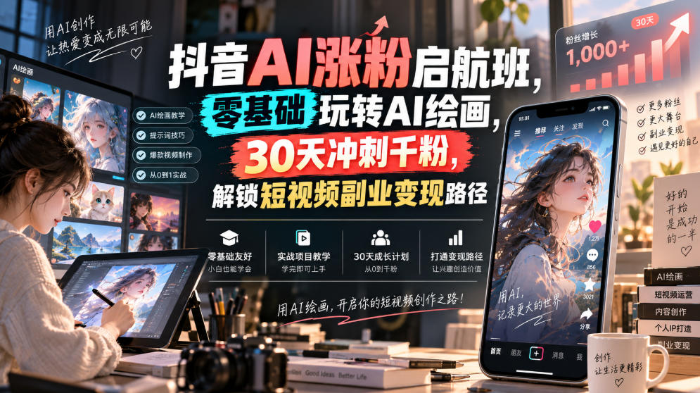抖音AI涨粉启航班，零基础玩转AI绘画，30天冲刺千粉，解锁短视频副业变现路径-优优云创网