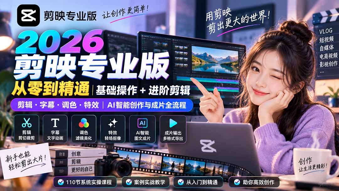 2026剪映专业版从零到精通|基础操作+进阶剪辑|剪辑·字幕·调色·特效|AI智能创作与成片全流程-优优云创网