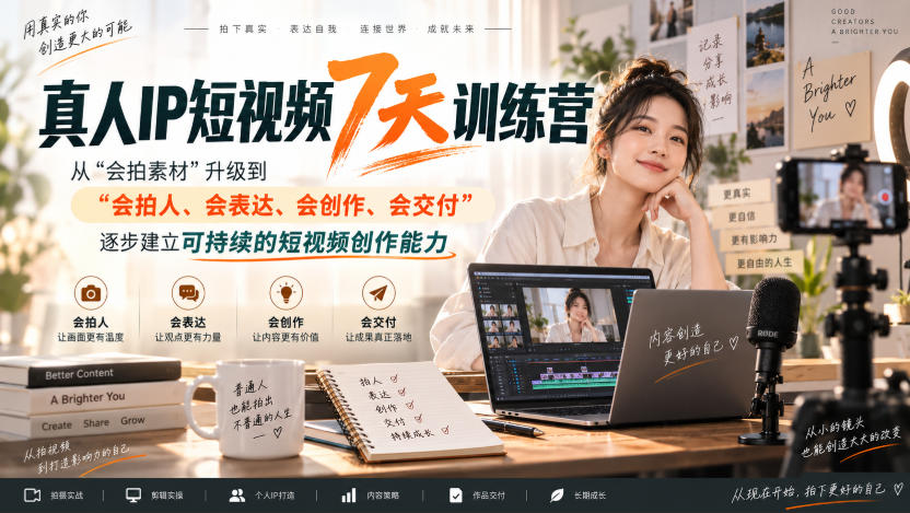 真人IP短视频7天训练营,从“会拍素材”升级到“会拍人、会表达、会创作、会交付”,逐步建立可持续的短视频创作能力-优优云创网