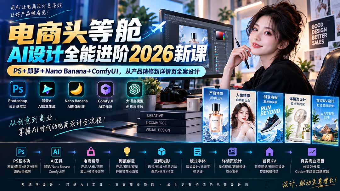 电商头等舱AI设计全能进阶2026新课：PS+即梦+Nano Banana+ComfyUI，从产品精修到详情页全案设计-优优云创网