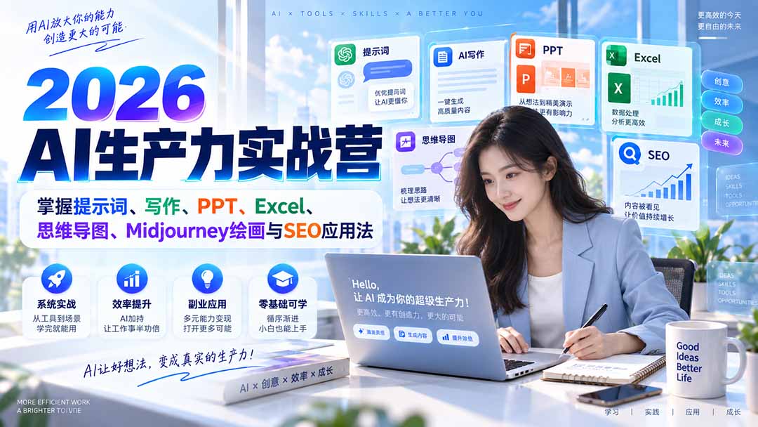 2026AI生产力实战营：掌握提示词、写作、PPT、Excel、思维导图、Midjourney绘画与SEO应用法-优优云创网