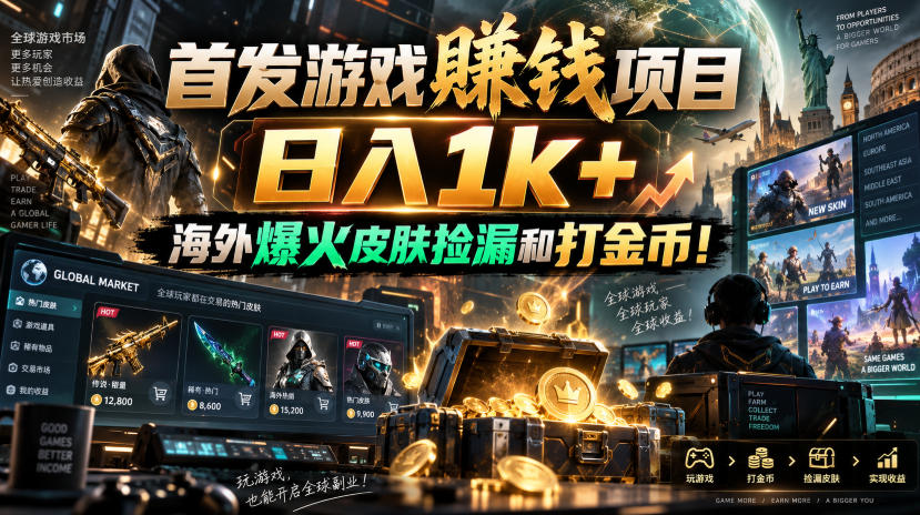 首发游戏賺钱项目，日入1k+，海外爆火皮肤捡漏和打金币！【揭秘】-优优云创网