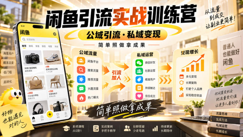 闲鱼引流实战训练营，公域引流·私域变现，简单照做拿成果-优优云创网