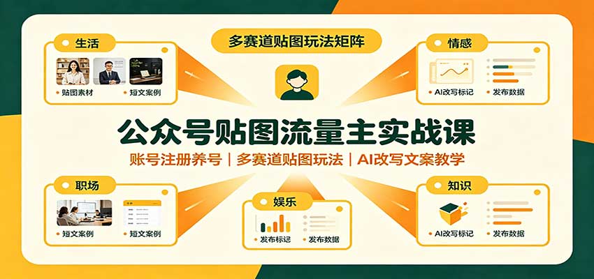公众号贴图流量主实战课：账号注册养号，多赛道贴图玩法，AI改写文案教学-优优云创网