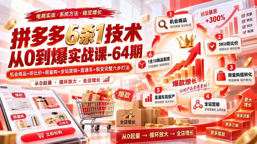 拼多多6杀1技术从0到爆实战课-64期：机会商品+防比价+限量购+全站营销+直通车+裂变完整六步打法-优优云创网