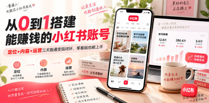 从0到1搭建能賺钱的小红书账号，定位+内容+运营三天跑通变现闭环-优优云创网