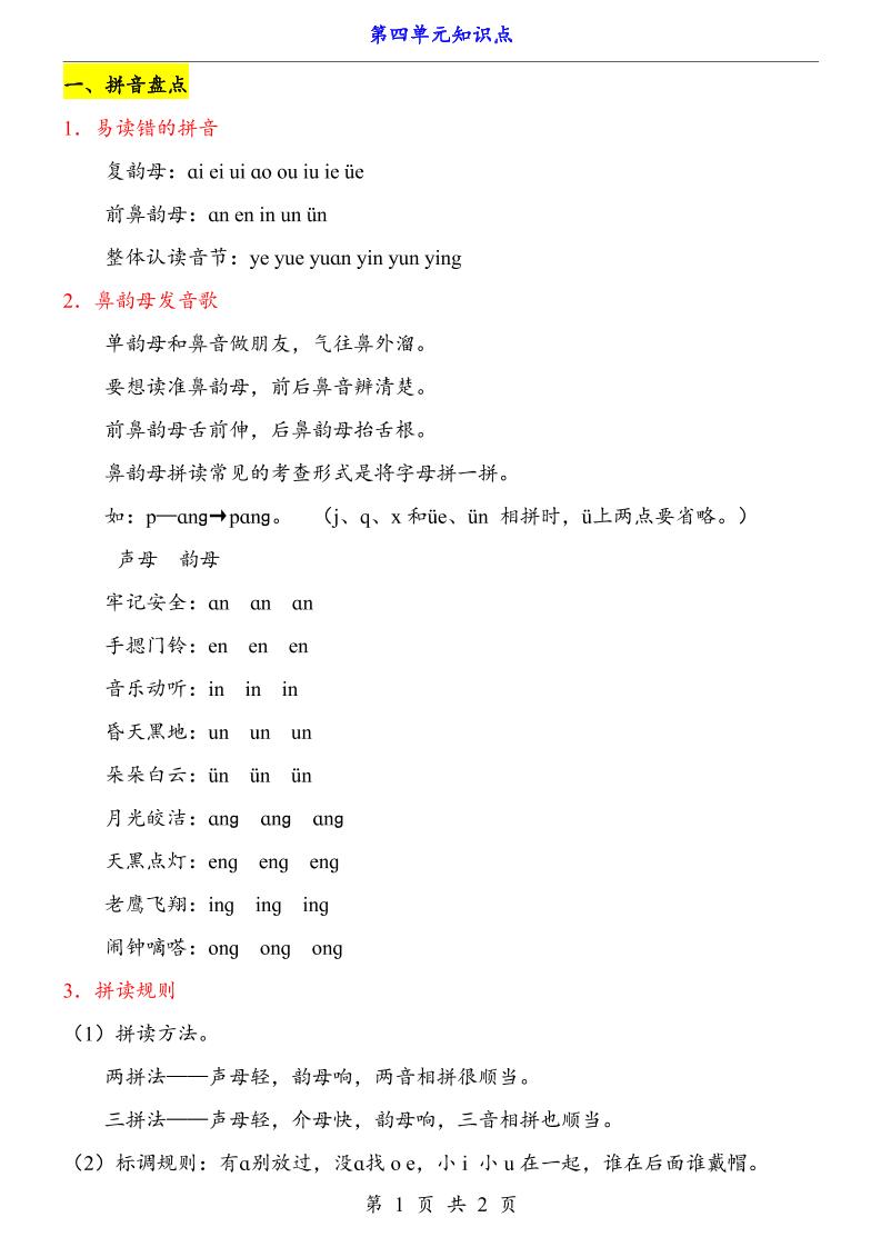新一上语文第4单元（知识点）-优优云创网