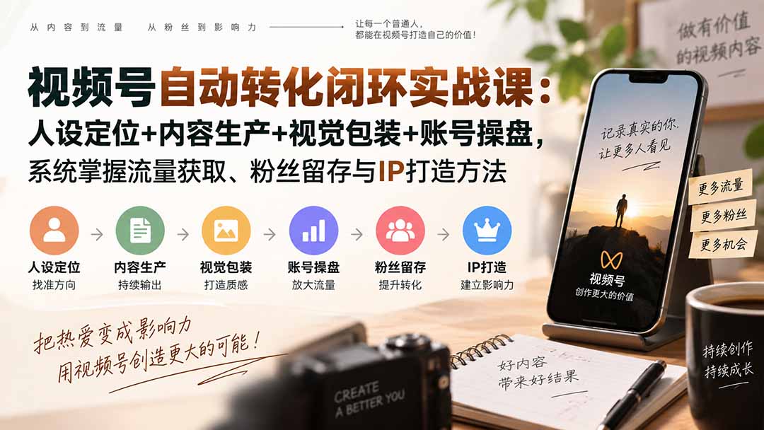 视频号自动转化闭环实战课：人设定位+内容生产+视觉包装+账号操盘，系统掌握流量获取、粉丝留存与IP打造方法-优优云创网