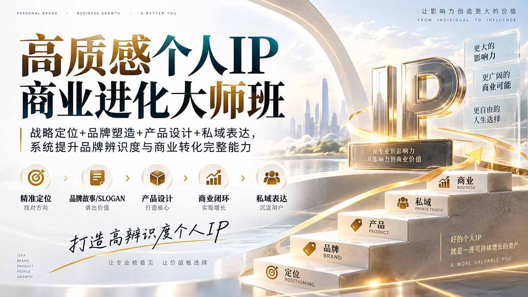 高质感个人IP商业进化大师班：战略定位+品牌塑造+产品设计+私域表达，系统提升品牌辨识度与商业转化完整能力-优优云创网