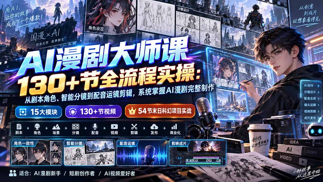 AI漫剧大师课130+节全流程实操:从剧本角色、智能分镜到配音运镜剪辑,系统掌握AI漫剧完整制作-优优云创网